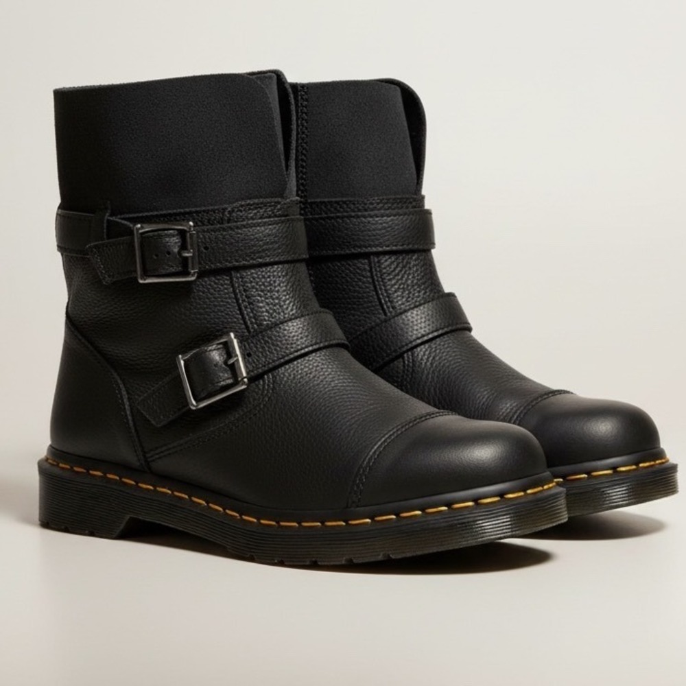 Dr. Martens Black Leather Kristy Slouch Rigger Buckle Combat Moto Boot - 7M / 8W